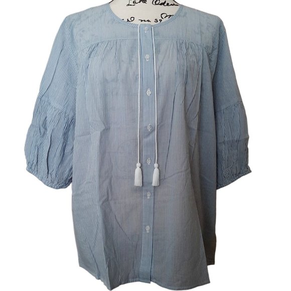 NYDJ Button Up Blouse Blue White Striped Boho Peasant Lightweight Puffy Sleeves - Picture 1 of 8